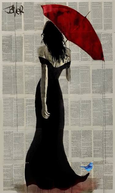 Newspaper Painting, Loui Jover Art, Loui Jover, Newspaper Art, Umbrella Art, Red Umbrella, Romantic Images, Library Ideas, Romantic Art