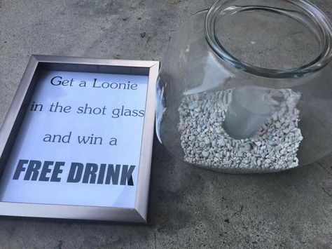 Stag and doe game BUT i would suggest doing a bigger bottle and win a 26 of something??  or a loonie wins a 26  toonie wins a 40  and any other coin wins a free drink?? Buck And Doe Games, Stag Games, Stag And Doe Games, Games Party Ideas, Fun Fundraisers, Stag And Doe, Shower Prizes, Carnival Wedding, Raffle Baskets