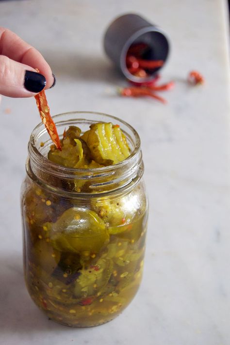 The super easy trick to making crunch, delicious, hot and sweet pickles. Habanero Pickles Recipe, Hot Refrigerator Pickles, Wickles Pickles Copycat Recipe, Hot And Sweet Pickles, Sweet And Hot Pickles, Hot Pickles Recipe, Wickles Pickles Recipe, Sweet And Spicy Pickles, Sweet Hot Pickles