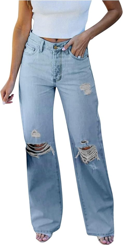 Women's Ripped Flare Bell Bottom Mid Waist Destroyed Bootcut Flared Jean Wide Leg Denim Pants Loose Y2k Streetwear Womans Jeans, Jean Wide Leg, Black Maternity Jeans, Light Blue Ripped Jeans, Wide Leg Denim Pants, Black Flare Jeans, Ripped Boyfriend Jeans, Denim Pants Women, Destroyed Denim