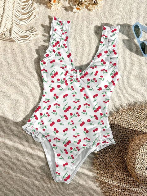 SHEIN Swim Vcay V-Neck Fruit Printed Swimwear With Ruffles For Summer BeachI discovered amazing products on SHEIN.com, come check them out! Ella Jane, Cute Swimwear, Vegetable Plants, Fruit Print, Beachwear For Women, One Piece For Women, All Over Print, Summer Beach, Women Clothing