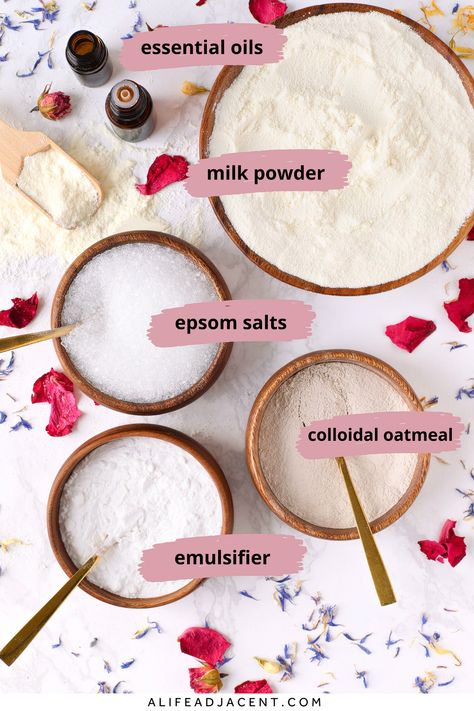 Milk Bath Recipe (6 Nourishing DIY Milk Baths for Soft Skin) Oat Milk Bath Recipe, Goat Milk Bath Soak Recipe, Diy Bath Milk, Cleopatra Milk Bath Recipe, Bath Scrubs Diy Recipes, Milk Bath Soak Recipe, Bath Milk Recipe, Milk Bath Benefits, Milk Bath Diy