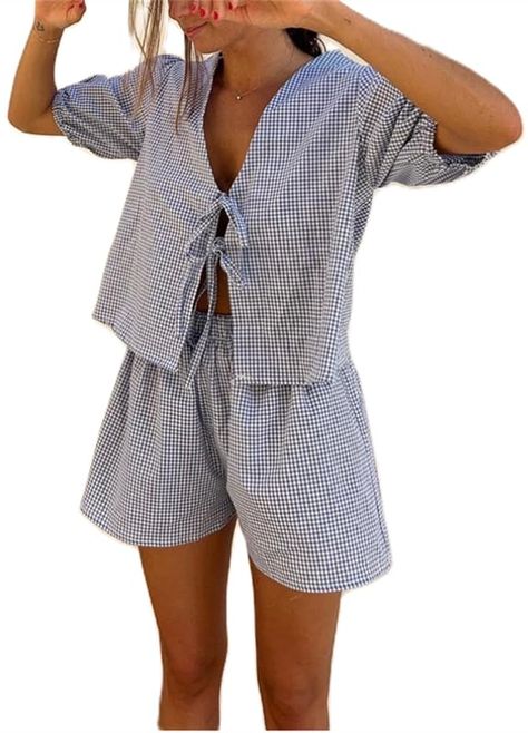 PRICES MAY VARY. MATERIAL: Women cute 2pcs outfits are made of 95% polyester and 5% spandex, ultra-soft, skin-friendly, durable and not easy to deform, good breathability, and comfortable to wear. DESIGN: Plaid pattern pjs set outfits for women clothing, tee tops for women use lace up, bow tie, puff short sleeve, ruffle hem, deep v-neck, cropped length, matches with wide leg, high waist, elastic waistband, with 2 pockets soft shorts, chic and stylish sleep clothes, cute going out two piece suit. Beach Pier Outfit, Cute Poolside Outfits, 30a Beach Outfits, Lake Dinner Outfit, Daytime Beach Outfits, Relaxed Vacation Outfits, Lake Outfits For Women Summer, What To Wear To Sea World Outfit, Beach Lounge Outfit