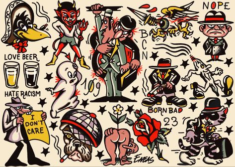 Traditional Misfits Tattoo, Rubber Hose Tattoo Flash, American Traditional Small Flash, Cartoon Flash Sheet, Classic Traditional Tattoos, Traditional Cartoon Tattoo, America Traditional Tattoo, Small Traditional Flash, Traditional Tattoos Unique