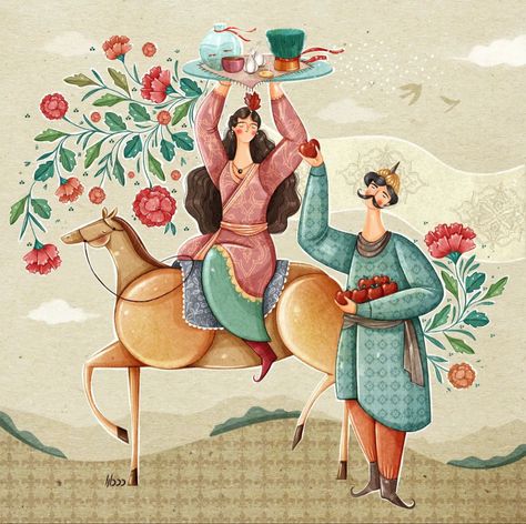 Folk Illustration, Persian Art Painting, Book Illustration Art, Iranian Art, Arabic Art, Illustration Character Design, Pics Art, Girly Art, Pretty Art