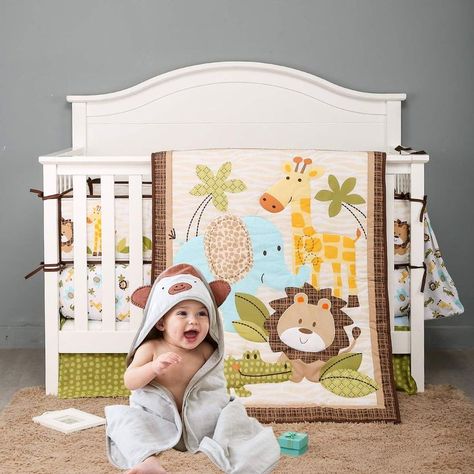 Brandream Jungle Crib Bedding Set for Boys Girls Safari Nursery Set - Elephant Lion Giraffe Animal Baby Comforter/Quilt, Fitted Crib Sheet, Crib Skirt, 3 Pieces Green/Yellow/Mint/Taupe Safari Nursery Room, Jungle Crib Bedding, Safari Nursery Bedding, Safari Nursery Girl, Monkey Nursery, Baby Crib Sets, Baby Cot Bedding, Crib Comforter, Baby Crib Bedding Sets