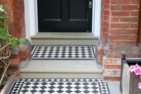 Mosaic Pathway, Victorian Mosaic Tile, Entrance Steps, Victorian Front Garden, Basement Entrance, Victorian Porch, Garden Design Inspiration, Victorian Floor, Portland Stone