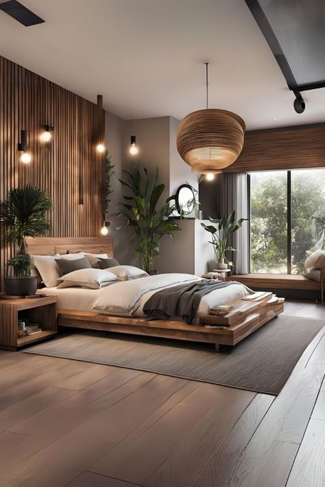 Earthy Bedroom Lighting, Retreat Bedroom Ideas Master Suite, Black And Brown Wood Bedroom, Wood And Plants Bedroom, Peaceful Master Bedrooms Decor, Wood Accent Bedroom, Warm Tone Interior Design, Bedroom Ideas Hotel Style, Zen Bedroom Ideas Serenity