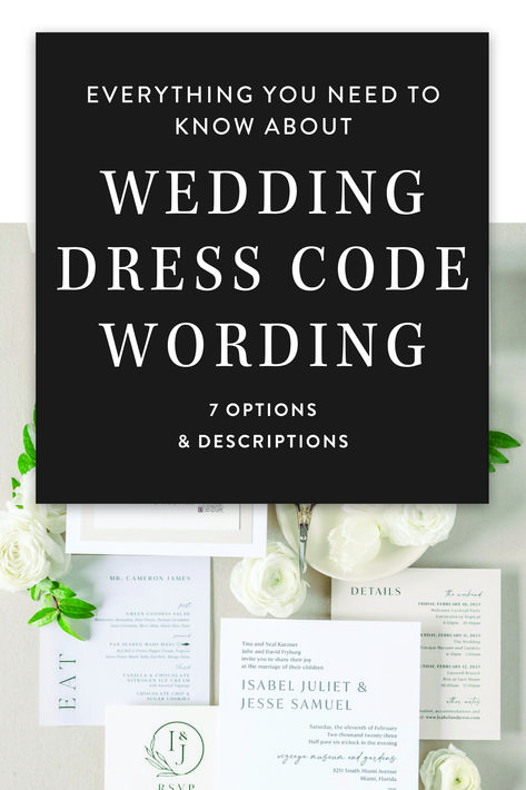 Providing suggested attire will help ensure guests dress appropriately for your big day based on your venue, location, weather, theme and formality. Guests will also appreciate the guidance so they don't show up too casual or too dressy – no one wants to feel like they're out of place! Wedding Attire Description, Wedding Guests Dresscode, Wedding Attire Invitation Wording Dress Codes, Wedding Guest Attire Request, Wedding Invites Dress Code, Dress Code Wording For Invitation, Wedding Guest Dress Code Invitation, Wedding Dress Attire For Guest, Wedding Dress Code Guide Wording