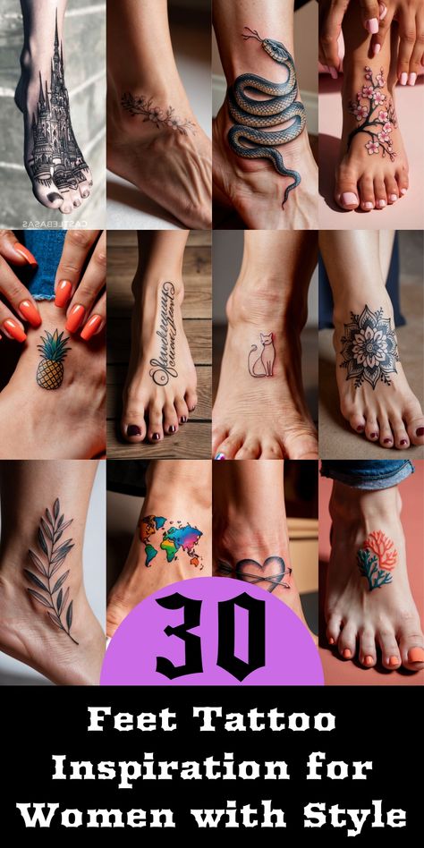 Over 40 beautiful feet tattoo ideas for women looking for inspiration. Pretty Foot Tattoos For Women, Feet Tattoos For Women, Tattoos On Foot, Ankle Foot Tattoo, Ocean Wave Tattoo, Pineapple Tattoo, Heart Piercing, Foot Tattoos For Women, Inspiration For Women