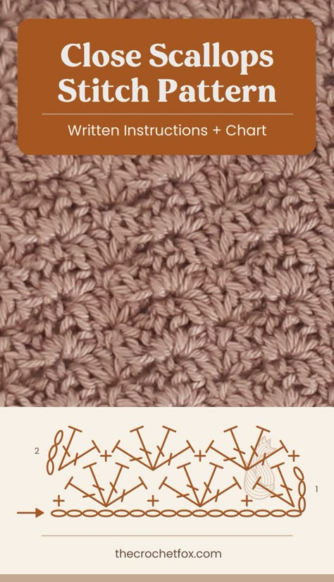 Crochet Stitches Patterns Diagram Charts, Fan Crochet Stitch, Crochet Stitch Diagram Charts, Crochet Scallop Stitch, Scallop Crochet Pattern, Crochet Stitches Patterns Diagram, Crochet Texture Stitches, Wattle Stitch Crochet, Textured Crochet Stitches