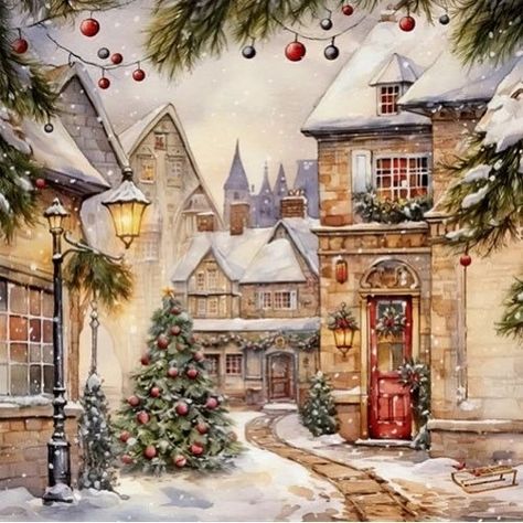 Mad for Christmas 🎄 | 73 days until Christmas 🎄 | Instagram Xmas Scenes, Buildings Painting, Xmas Village, Snowy Village, Xmas Art, Street Image, Paper Napkins For Decoupage, Christmas Scenery, Christmas Artwork