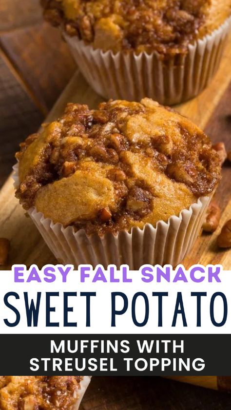 Indulge in fall flavor with these sweet potato muffins with streusel topping. Made with mashed sweet potatoes and topped with a crunchy pecan streusel, these muffins are the perfect blend of sweet and savory. Ideal for breakfast or a cozy snack, these muffins are moist, tender, and deliciously spiced with cinnamon. A must-try recipe for the season! Sweet Potatoes Muffins, Sweet Potato Bread Recipe Easy, Sweet Potato Muffins Recipes, Leftover Sweet Potato Recipes, Sweet Potato Breakfast Casserole, Pecan Streusel Topping, Sweet Potato Muffin Recipe, Delicious Entrees, Muffins With Streusel Topping