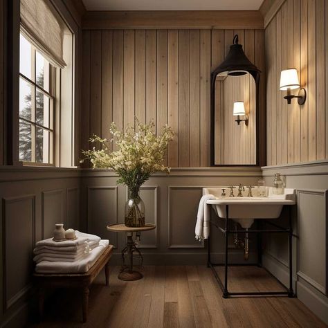 Panelled Walls Powder Room, Dark Waynes Coating Bathroom, Light Wood Wainscoting, Paint Wainscoting Same Color As Wall, Wood Paneled Powder Room, Wood Paneling Staircase Wall, Minimalist Wainscoting Ideas, Dark Painted Beadboard Walls, Bathroom With Wood Panel Wall