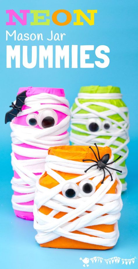 MASON JAR MUMMIES - This Halloween make spooky Neon Mason Jar Mummies. These colourful mummies look great day and night! Fill them with candy for Halloween treats or tea lights for Mummy Luminaries. Halloween Luminaries, Mummy Crafts, Halloween Crafts Preschool, Kids Craft Room, Fun Halloween Crafts, Halloween Arts And Crafts, Easy Halloween Crafts, Halloween Activities For Kids, Halloween Crafts For Kids