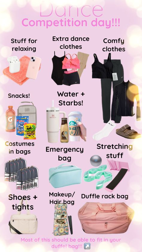 #dancebag #compdancer #comp #dance #readyforcompetition #packinglistinspo Comp Dance, Gymnastics Gear, Dance Motivation, Dance Comp, Mini Chips, Relaxed Outfit, Dance Bag, Dance Competition, Comfy Outfits