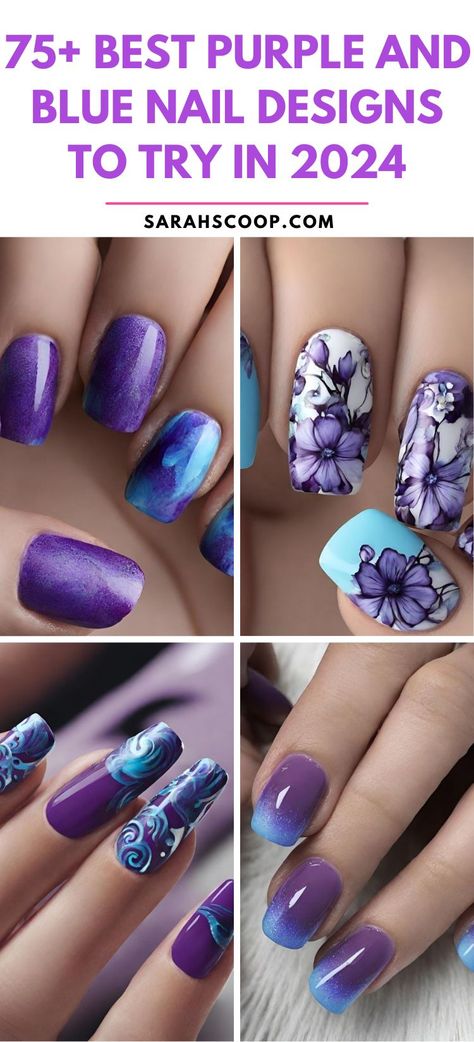 Explore over 75 of the most stunning purple and blue nail designs you absolutely have to try. Stand out and make a statement - your nails deserve it! 💅💙💜 #naildesign #nailart #nail Nail Ideas Short Ombre, Blue And Purple Ombre Nails Acrylic, Cute Blue And Purple Nails, Blue Purple Black Nails, Blue And Purple Gel Nails, Teal Nails With Flowers, Purple Sunflower Nails, Blue Lavender Nails, Purple Tie Dye Nails