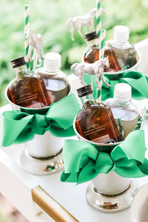 Derby Day Party Favor: DIY Mint Julep Kit by Stephanie Ziajka from the popular southern lifestyle blog Diary of a Debutante, mint julep gift set, cute Derby Day party favors, cute Kentucky Derby gift ideas, mini bottles of woodford reserve bourbon, homemade mint simple syrup Kentucky Derby Party Favors, Kentucky Derby Party Ideas Decoration, Kentucky Derby Party Games, Kentucky Derby Food, Derby Day Party, Derby Themed Party, Kentucky Derby Theme, Kentucky Derby Ideas, Mint Syrup