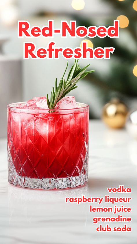 Red-Nosed Refresher Sparkling Vodka Cocktails, Red Holiday Cocktails, Drinks With Grenadine Cocktails, Grenadine Recipe Cocktails, Raspberry Liqueur Cocktails, Holiday Cocktails Vodka, Raspberry Vodka Cocktails, Red Alcoholic Drinks, Bday Drinks