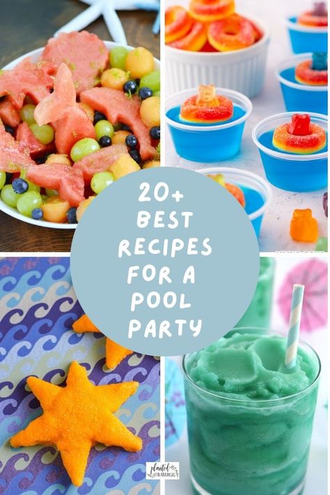 Pool Party Food Display, Pool Party Treats Food Ideas, Pool Party Crafts For Kids, Swimming Party Food Ideas, Pool Party Theme Food, Kids Pool Party Snacks, Pool Treats, Kids Pool Birthday Party Ideas, By The Pool Snacks