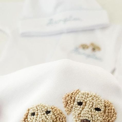 custom hand embroidery by kaitlyn true on Instagram: "french knot puppies for baby Hampton's arrival 🩵🩵🩵 🪡 original design @by.kaitlyntrue" French Knot Embroidery Designs, Knot Embroidery, French Knot Embroidery, French Knot, January 11, Baby Patterns, The Hamptons, Original Design, Hand Embroidery