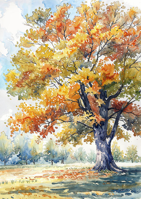 Celebrate the season with the Autumn Oak Splendor, a watercolor depiction of an oak tree's burst of autumn colors. Tree In Watercolor, Autumnal Watercolour Painting, Autumn Watercolor Paintings Easy, Watercolor Paintings Landscape Beautiful, Watercolor Art Paintings Landscape, Tree Water Colour, Painting Ideas Trees, Autumn Tree Drawing, Oak Watercolor