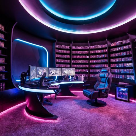 Rich Gaming Room, Gaming Room Concept, Huge Gaming Room, Expensive Gaming Setup, Desk With Multiple Monitors, Futuristic Gaming Room, Gaming Room Interior Design, Gaming Room Interior, Princess Loft Bed