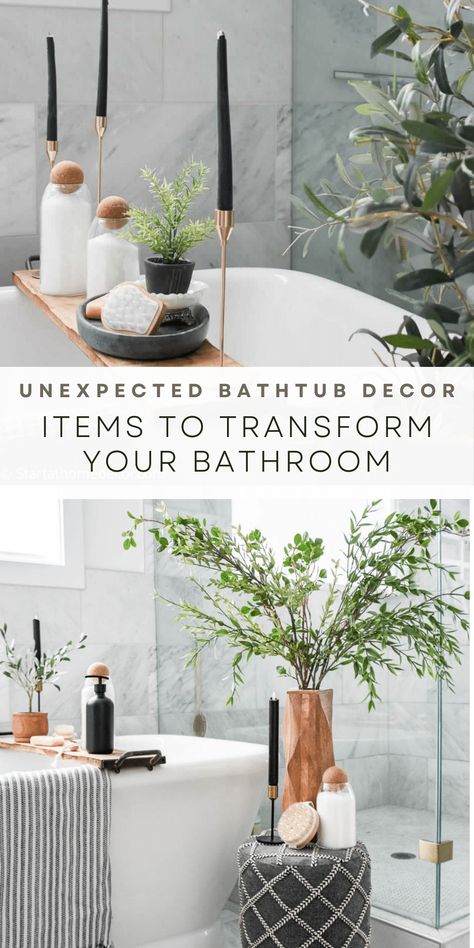 Unique bathtub decor items that will create a stunning bathroom design. Try out these tips for your own modern oasis. Bath Tub Decor Ideas, Bath Accessories Ideas, Corner Bathtub Decor, Bathtub Styling, Master Bathtub Decor, Bathtub Decor Ideas, Bathroom Wall Decor Over Bathtub, Bathroom Tub Decor, Master Bathtub