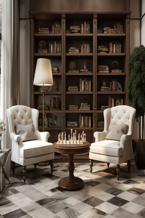 Immerse yourself in the quiet sophistication of this chess-themed lounge. The elegant chairs, wooden bookshelves, and timeless chessboard invite introspection and strategy. Uncover more Game Room Ideas For Adults to inspire your décor journey. Chess Nook Living Rooms, Chess Board Decor Living Room, Chess Room Ideas, Chess Board In Living Room, Sitting Room Library Ideas, Different House Themes, Chess Room Design, Elegant Game Room, Chess Table In Living Room