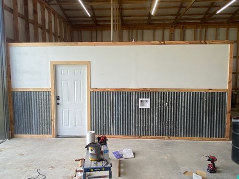 Galvanized Tin Walls Garage, Tin Half Wall, Galvanized Wall Ideas, Tin On Walls Ideas, Barn Tin Wall, Galvanized Tin Walls, Metal Wainscoting, Tin Wainscoting, Dads Office