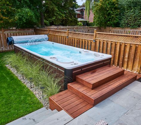 Jacuzzi Swim Spa, Boujee Backyard, Swim Spa Deck, Swim Spa Landscaping, Outdoor Swim Spa, Spa Landscaping, Backyard Spa, Kleiner Pool Design, Indoor Swimming Pool Design