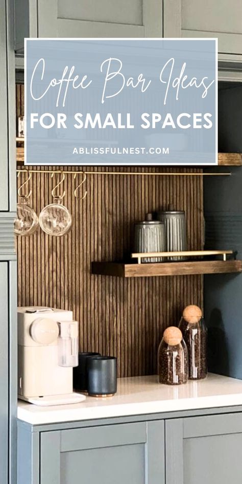 Who says you need a big kitchen to have a dedicated coffee spot? Coffee bar ideas for small spaces can transform any nook into a charming café corner. Keep it simple with a few essentials like a coffee maker, mugs, and a small container for beans or grounds. Your daily brew just got a whole lot cozier. #coffeelove #smallspacesdecor #cozycoffeecorner Coffee Corner In Living Room Bar Ideas, Coffee Corner Wallpaper, Small Nook Ideas Kitchen, Small Wall Coffee Bar Ideas, Waiting Room Coffee Bar, In Home Coffee Bar Ideas, Coffee Nook In Kitchen Small Spaces, Coffee Corner Kitchen Small Spaces, Closet Turned Into Coffee Bar