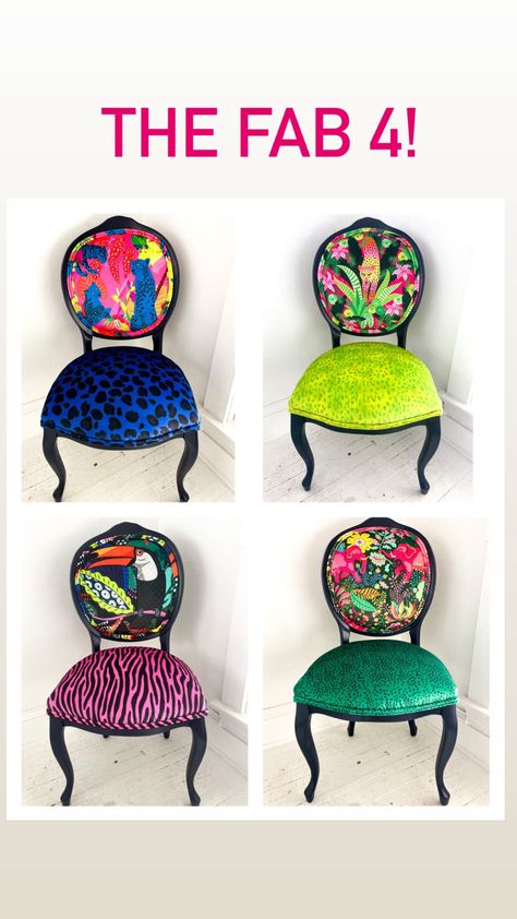 Eclectic Chairs Dining, Printed Dining Chairs, Painted Dining Table And Chairs, Dining Room Chairs Makeover, Funky Dining Room, Philadelphia Apartment, Refurbished Chairs, Colored Dining Chairs, Reupholster Chair Dining