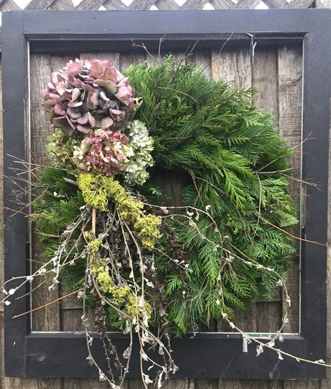 Fresh evergreen Wreath crafted with Cedar, Hemlock, Pine, White Fir . Dolled up with Dried Hydrangeas and mossy twigs Christmas Wreath With Hydrangea, Hydrangea Wreath Christmas, Dried Hydrangeas Centerpiece, Dried Hydrangea Wreath, Heather Wreath, Natural Wreaths, White Fir, Cedar Wreath, Fall Decor Wreaths