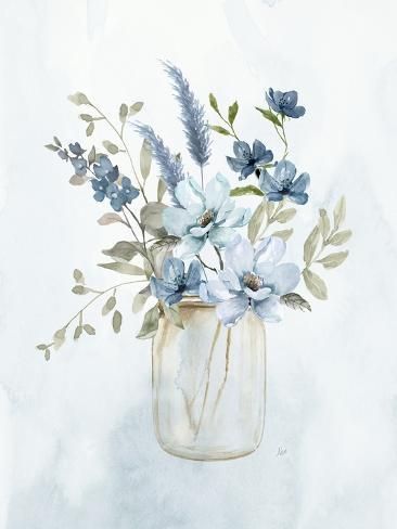 size: 12x9in Art Print: Petite and Sweet II by Nan : Watercolour Flowers Wallpaper, Watercolor Wedding Gift, Periwinkle Watercolor, White And Blue Painting, Cottage Core Painting, Blue Painted Flowers, Blue Flower Watercolor, Blue And White Painting, Pale Blue Flowers