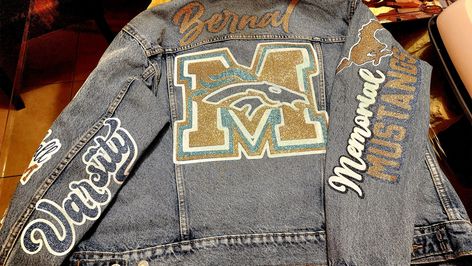 Cheer Mom Jean Jacket, Cheer Jean Jacket, Sparkle Clothes, School Spirit Outfit, Cheer Competition Gifts, Cheer Jackets, Competition Gifts, Cheer Competition, Custom Jean