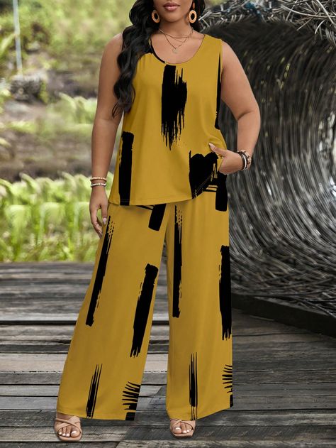 Women's Plus Size Summer Casual 2 Pieces Set, Round Neck Sleeveless Top And Shorts Yellow Casual    Colorblock,Graphic,Striped  Medium Stretch  Women Plus Clothing, size features are:Bust: ,Length: ,Sleeve Length: Two Pieces Trouser And Top Classy, Short And Top Set Two Pieces, Palazzo Trouser And Top, Trousers Outfit For Women, Trouser And Top For Ladies, Trouser And Top, Plus Size Summer Casual, Casual Dresses Plus Size, 2piece Outfits