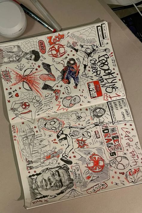 Spiderman Spiderverse Drawing, Miles Sketchbook Page, Spiderman Into The Spiderverse Miles Morales, Spiderman Line Drawing, Spiderman Drawing Aesthetic, Spiderman Page Sketchbook, Space Fillers Sketchbook, Spiderpunk Sketchbook, Spider Man Sketchbook Page