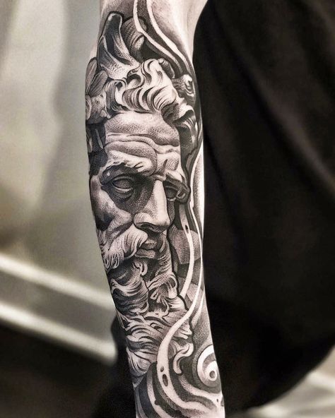 //Lil B Hernandez //@lilbtattoo //Poseidon //Sleeve //Tattoo //Artwork //3D //Sculptures Zeus Tattoos, Statue Tattoos, Lil B Tattoo, Tattoos Greek, Tattoo Real, Greek God Tattoo, Roman Tattoo, Poseidon Tattoo, Zeus Tattoo