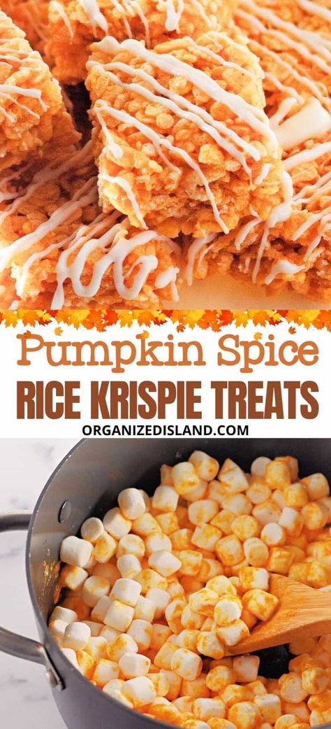 These easy Pumpkin Rice Krispie treats have real pumpkin flavor and the sweet crunch that everyone loves. The perfect fall treat! Pumpkin Pie Rice Crispy Treats, Pumpkin Krispie Treats, Rice Crispies Pumpkin Treats, Pumkin Rice Crispy Treats, Pumpkin Spice Rice Crispy Treats, Pumpkin Rice Krispie Treats Recipe, Pumpkin Rice Crispy Treats, Pumpkin Rice Crispies, Rice Krispie Pumpkin Treats