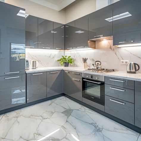 A modern stylish kitchen design with high gloss grey cabinets, marble counter tops and white marble floor with grey patterned. Grey Gloss Kitchen Cabinets, Light Grey Gloss Kitchen, Grey Gloss Kitchen, Gloss Kitchen Cabinets, Stylish Kitchen Design, Gloss Kitchen, White Marble Floor, Marble Counter, Integrated Appliances