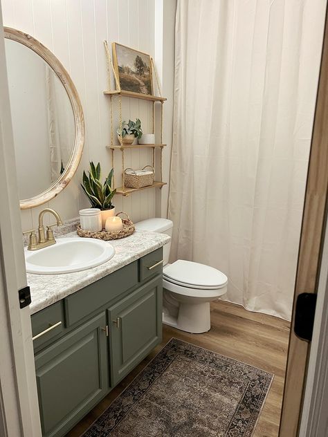 Spring Bathroom, Counter Top Decor, Wood Floor Bathroom, Cream Bathroom, Green Vanity, Bathroom Baskets, Flower Bath, Downstairs Bathroom, Girls Bathroom