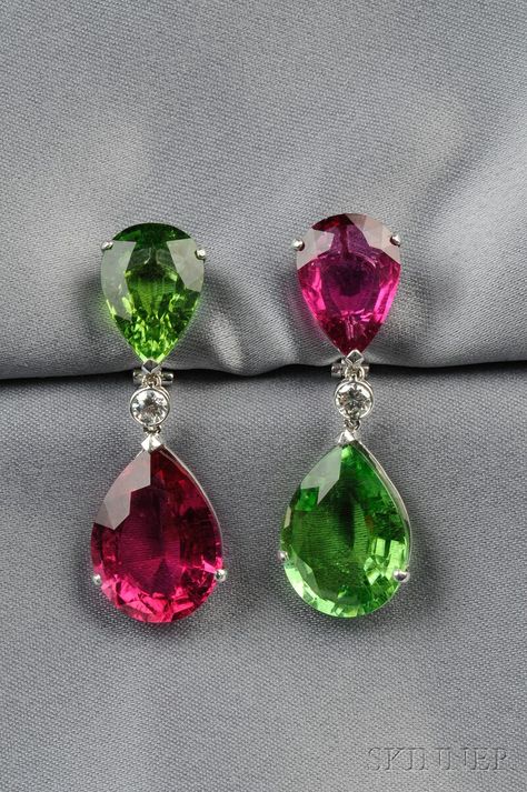 Pink and Green Tourmaline Earpendants Pink And Green Earrings, Pink Tourmaline Earrings, Pink And, Tourmaline Earrings, Tourmaline Jewelry, Handmade Jewelry Designs, Silver Jewelry Fashion, Antique Necklace, Jewelry Design Necklace