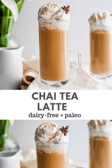 Chia Tea Latte Recipe, Chai Tea Latte Recipe, Wooden Skillet, Iced Chai Tea Latte, Dairy Free Coffee, Iced Chai Latte, Paleo Drinks, Tea Latte Recipe, Dairy Free Smoothies