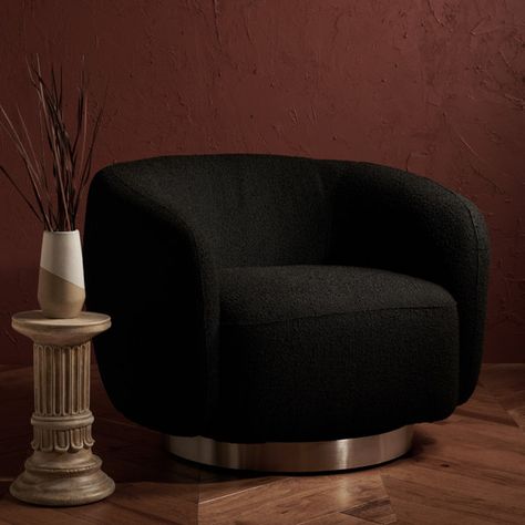 Black Velvet Armchair, Black Boucle Chair, Piano Room Design, Black Swivel Chair, Dream Condo, Boucle Armchair, Black Accent Chair, Dark Gray Sofa, Armchair Bedroom