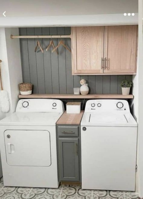 Reach In Laundry Room Ideas, Small Laundry Room Shiplap, Redo Small Laundry Room, Laundry Room With Upper Cabinets, Laundry Rooms With Top Loading Washer, Small Side By Side Laundry Room, Small Laundry Room Cabinet Ideas Layout, Laundry Mud Room Off Garage Small, Top Loader Laundry Room Modern