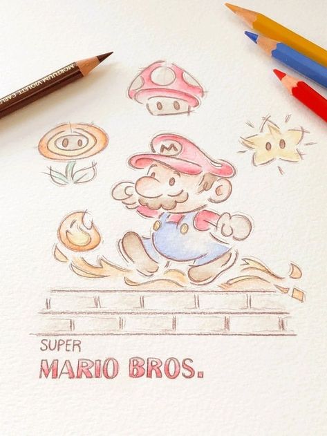 Mario Art Drawing, Super Mario Bros Poster, Mario Sketch, Super Mario Drawing, Mario Illustration, Mario Drawing, Super Mario Bros Nintendo, Sketch Doodles, 심플한 그림