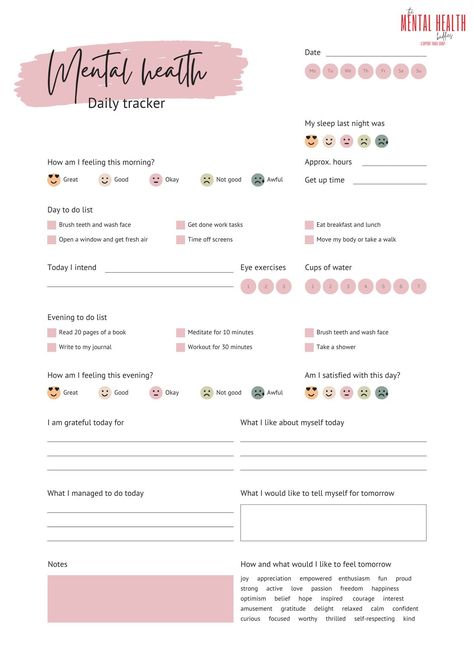 Track your mental health with this personalized daily tracker. Log your mood, symptoms, and activities, and see how they affect each other over time. This tracker can help you identify patterns and triggers, and make informed decisions about your mental health care.

Get your free tracker Daily Tracker, Self Care Worksheets, Bulletin Journal, Bullet Journal Ideas Templates, Dream Ideas, Drømme Liv, Summer Health, Makeup Images, Eye Exercises