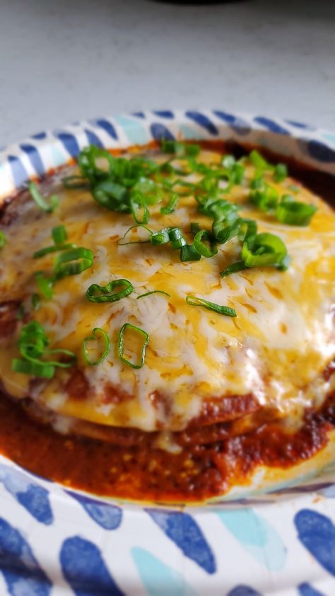 Stacked Red Chile Enchiladas, Recipes For Flour Tortillas, New Mexico Style Enchiladas, Stacked Enchiladas New Mexico, Stacked Beef Enchiladas, Tortilla Stack Recipe, Stack Enchiladas, Flat Enchiladas Recipe, New Mexico Enchiladas