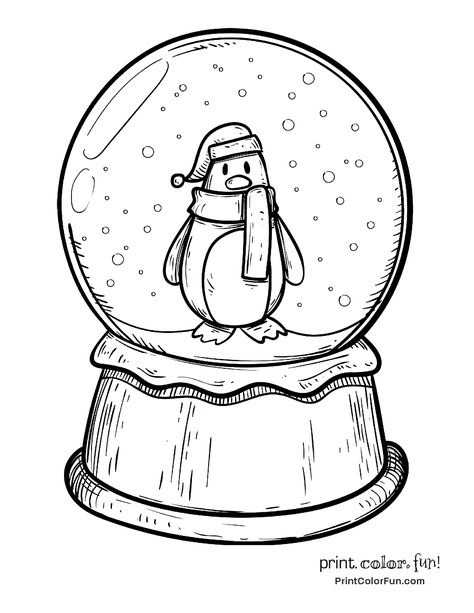 Snow Globe Painting, Globe Drawing, Winter Coloring Pages, Winter Snow Globe, Penguin Coloring Pages, Penguin Coloring, Christmas Coloring Sheets, Christmas Tree Coloring Page, Christmas Globes